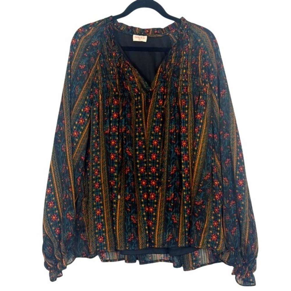 Hailey & Co Women 2X Boho Geometric Print Smocked Peasant Blouse PIT6998 Teal
